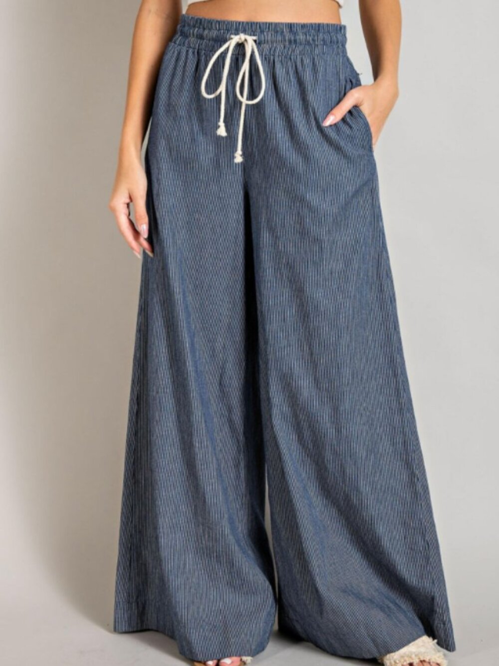 NWT -- ee:some Blue White Washed Pinstripe Wide Leg Pants NEW Tie Waist L Cotton